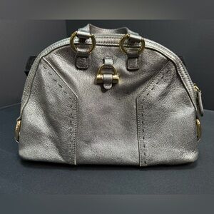 YSL Yves Saint Laurent Mini Muse Leather Bag Purse Grey Pewter Silver